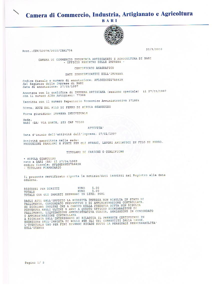 certificato 1 camera di commercio